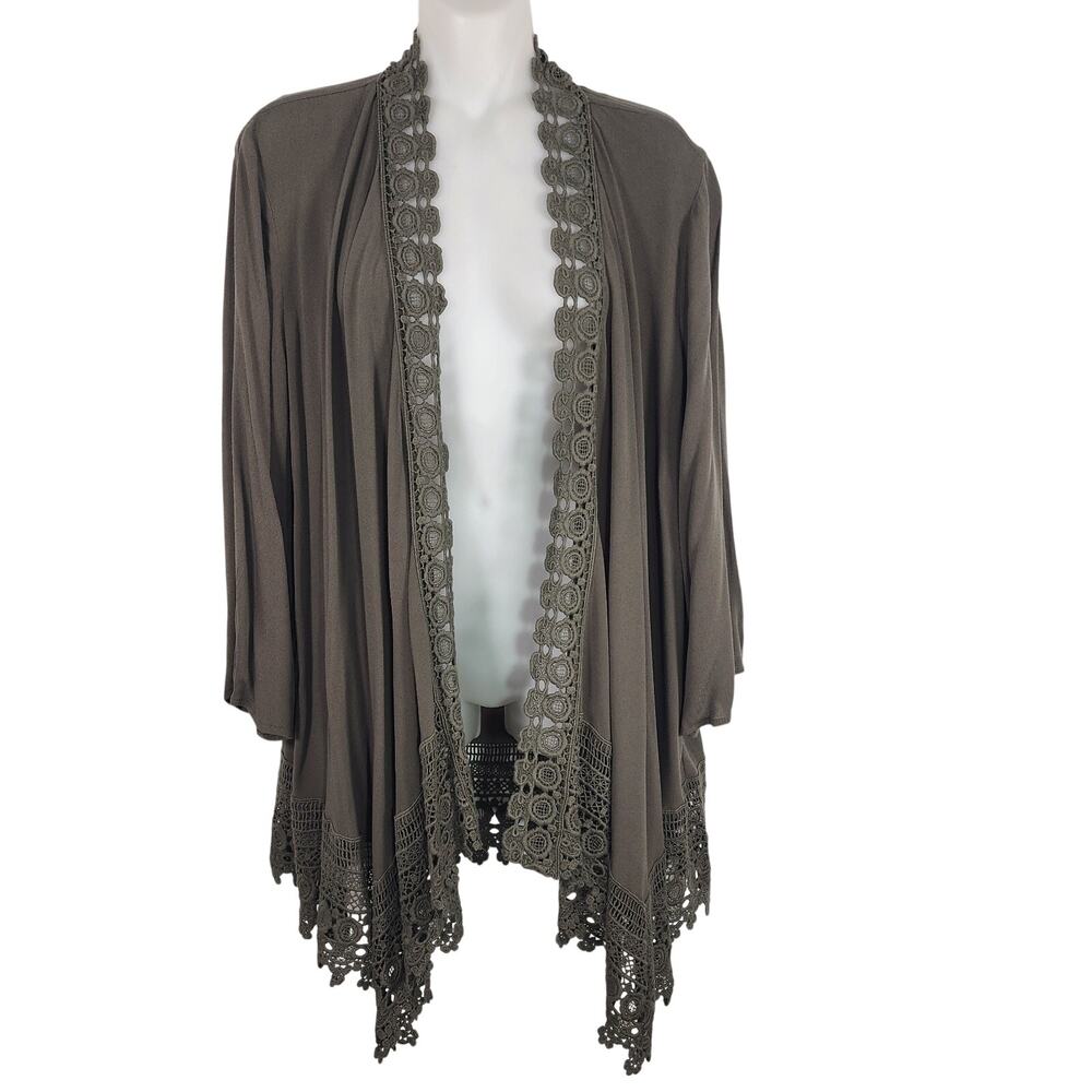 Maurices Womens Cardigan Sweater Open Crochet Lace Design 3/4 Sleeve Green Large